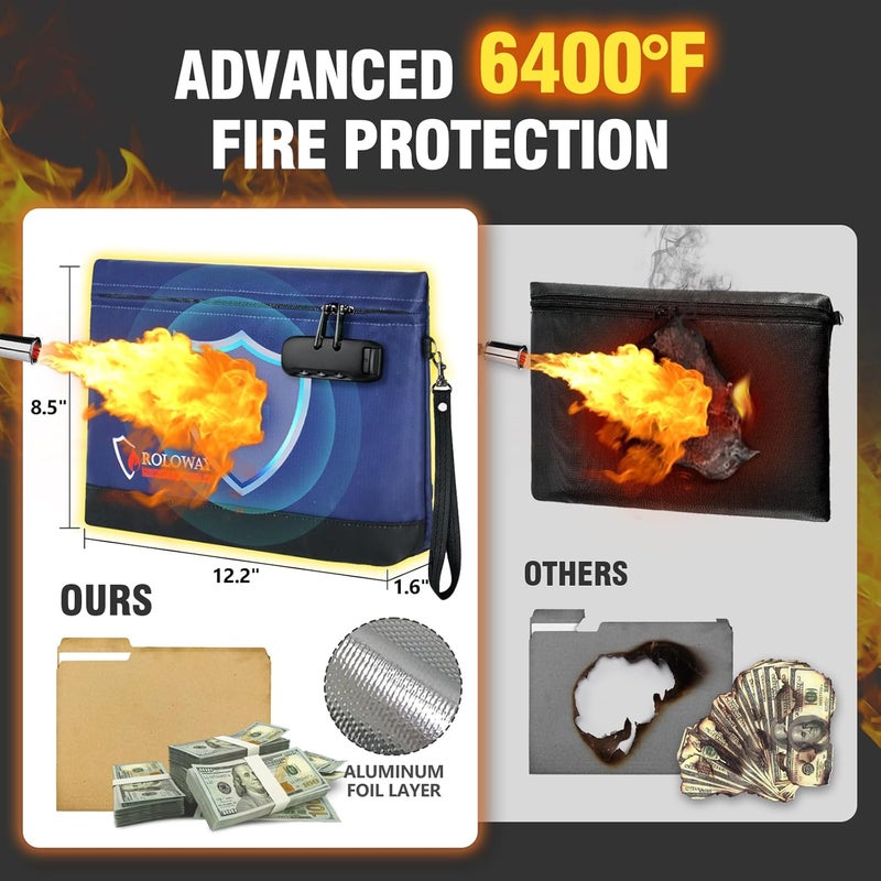 ROLOWAY Fireproof Money Bag with Lock for Cash, 6400°F Fire Proof Document Bag (12.2 x 8.5 x 1.6 inches), Money Pouch with Zipper (Blue) - Image 4